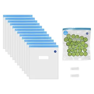 360 Stand Handheld Vacuum-Sealed Kitchen Plastic Food Storage Bags Set (12-Pack, 12in x 13in) - Airtight, Resealable, Reusable Preserving Containers with Pump Tool, Utensils