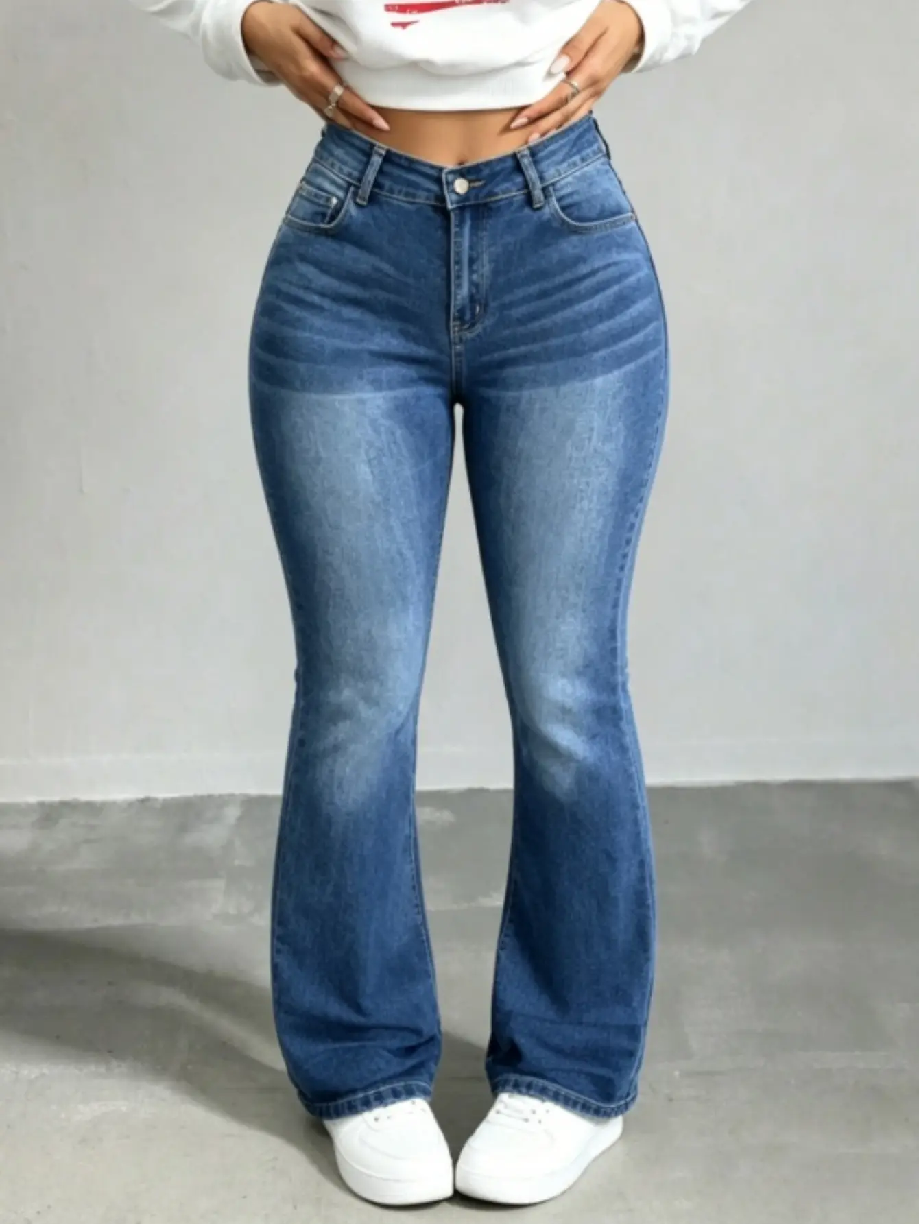 【Plus size】WH53 High Waisted High Stretch Crossover Denim Jeans for Women Flare Leg Bootcut Denim with Pockets Trendy & Flattering
