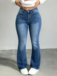 WH53 High Waisted High Stretch Crossover Denim Jeans for Women Flare Leg Bootcut Denim with Pockets Trendy & Flattering
