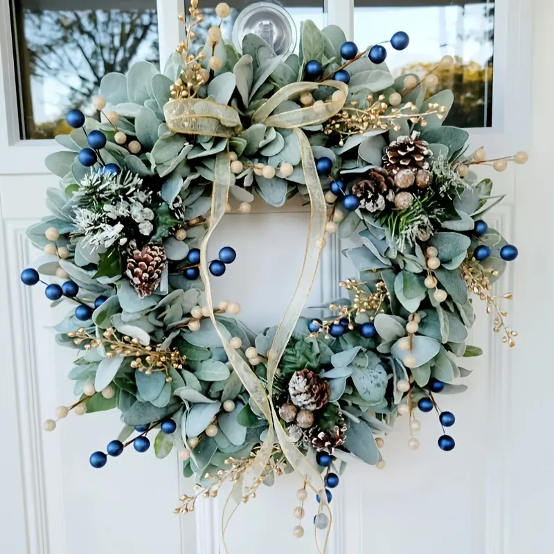 16 Inch Artificial Blueberry and Eucalyptus Wreath, Accents, Home Decor Ornament, Elegant Front Door Decoration, Perfect for Holiday Celebrations