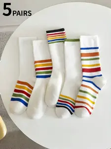 5 Pairs Rainbow Striped Knee High Socks, Unisex Fitted Casual Sportswear, All-Season Wear, Preppy Style, Daily Use, Casual Stylish Socks