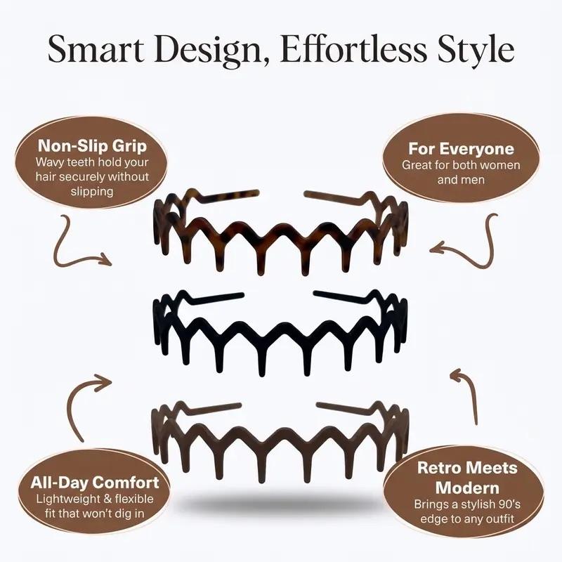 Women’s Zig Zag Headbands, 3-Pack Flexible Wavy Resin Headbands, Non Slip Fashion Hair Accessories, Tortoiseshell, Black & Milk Tea Brown