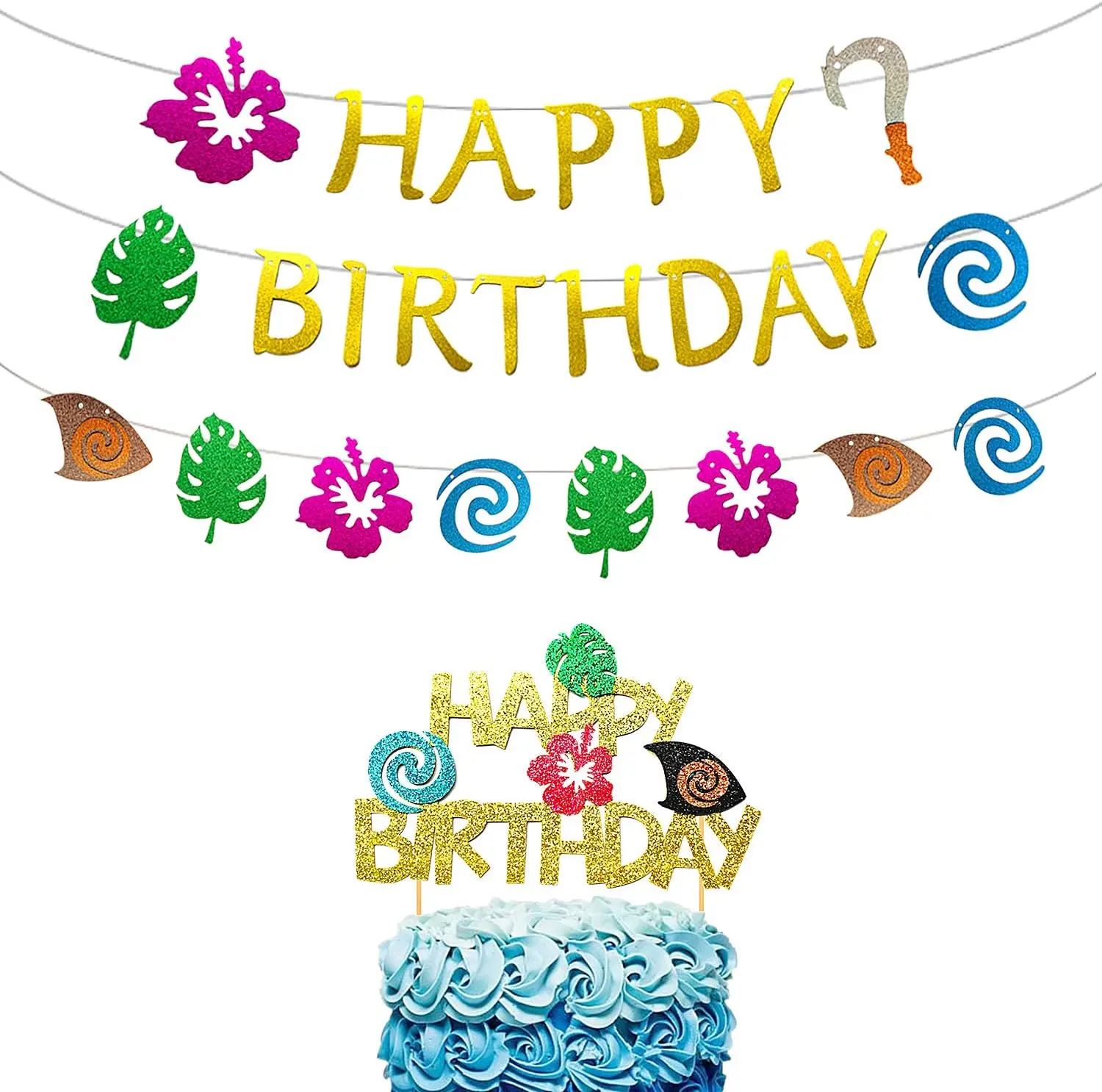 Glittery Moana Birthday Banner & Cake Topper Set for Hawaiian Luau Party Decoration Kids Tropical Theme Ornaments Gifts
