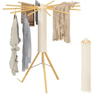Tripod Drying Rack Portable, Foldable Drying Rack Clothing with 12 Wood Drying Arms, Standing Laundry Hanger Rack Round Collapsible & Portable Handle for Laundry Room, Balcony, Bedroom, RV Smooth Utensils Kitchen Pasta