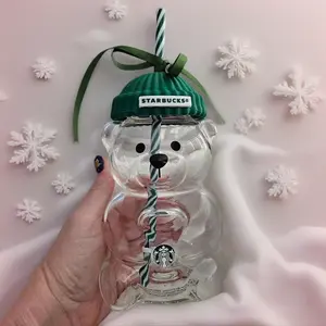 Starbucks Bear Glass Tumbler 16oz with Green Beanie Lid & Straw Collectible Cold Drinkware Bottle