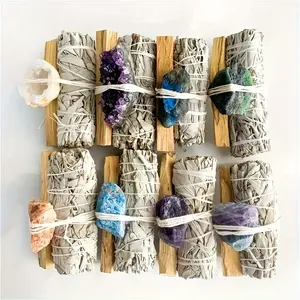 2/3Pcs Random Crystal White Sage Smudge Sticks, Palo Santo & Natural Crystal Cleansing Set, Negative Energy Purification Kit, Indoor Home Meditation Yoga Decor, Spiritual Ritual Gift