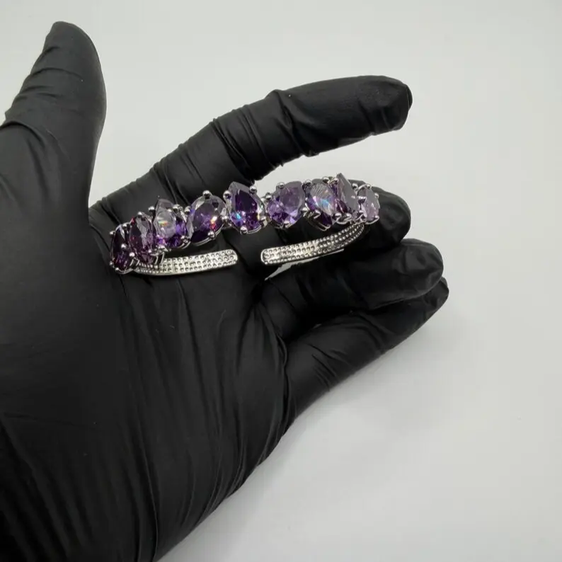 Women's Adjustable Size Silver Fine Jewelry Bangle-Shape Bracelet with Purple Waterdrop Pear Amethyst Stones - Ideal for Weddings, Wedding Day Gift