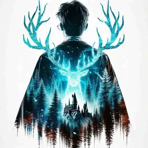 5D Diamond Painting Kit - Patronus Stag and Castle Silhouette, Full Round Drill Fantasy Mosaic Art, Embroidery Design, DIY Rhinestone Embroidery for Wizarding Room Decor, Embroidery Craft
