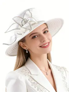 Elegant Women's Church Hat, Vintage Satin Rhinestone Floral Design Party Hat, Wedding Bridal Hat, Fashion Wide Brim Sun Hat, Sunday Church Hat