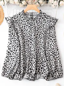 Plus Size Women's Round Neck Ruffled Sleeve Chiffon Blouse Top, Vintage Leopard Print, Waist Gathered Flared Hem, Feminine Casual Everyday