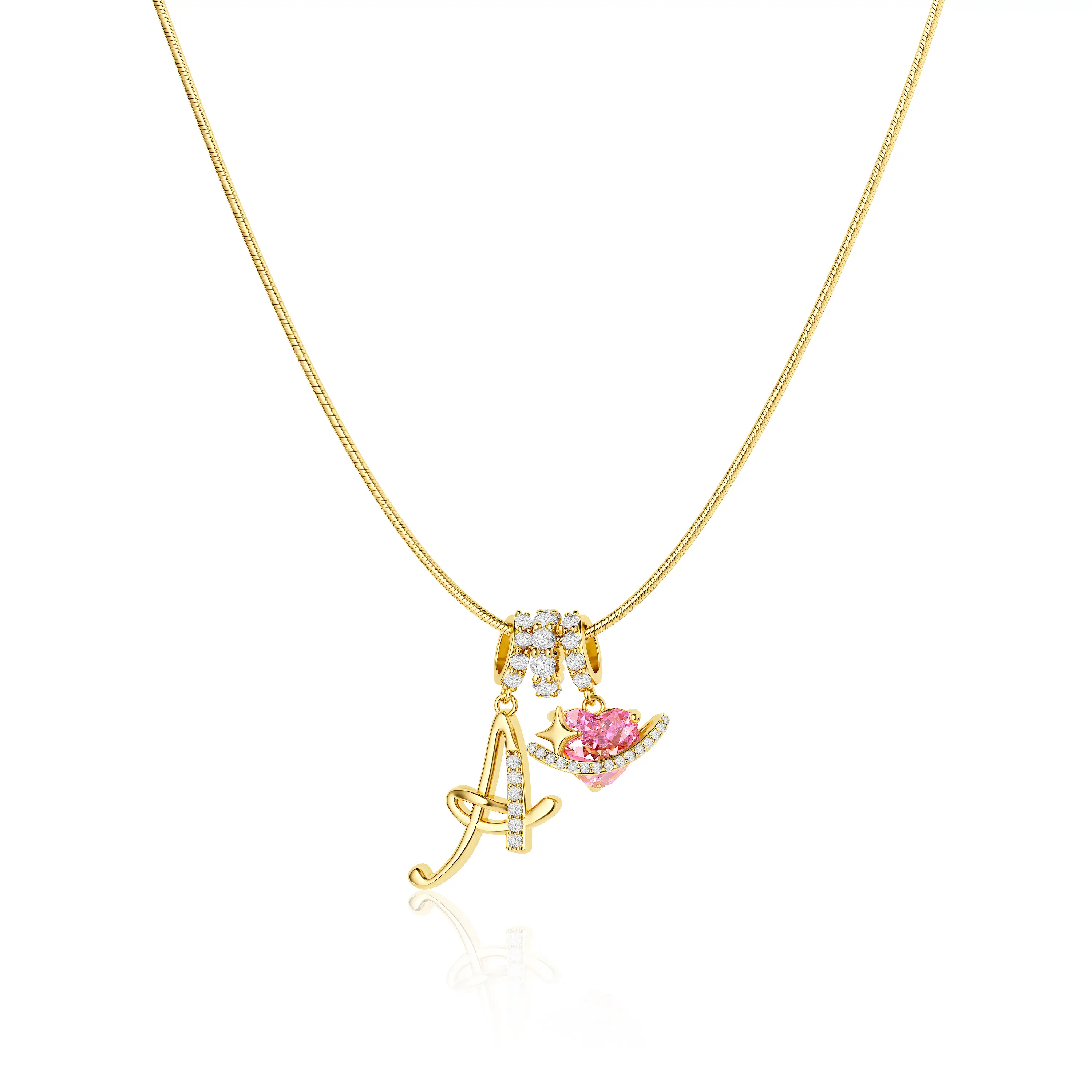 Tewiky 14K Gold Plated 3-Layering Initial A-Z Letter Pendant Necklaces for Women Snake Chain Choker Personalized Pink Heart CZ Capital Necklace Adjus