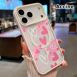 Magnetic Phone Case Compatible with iPhone 17 Pro Max 16 Plus 15 14 13 12 11 Air E Hearts in Blush Clear Acrylic Back Drop Protection Pocket-Friendly Cellphone Cover Gift