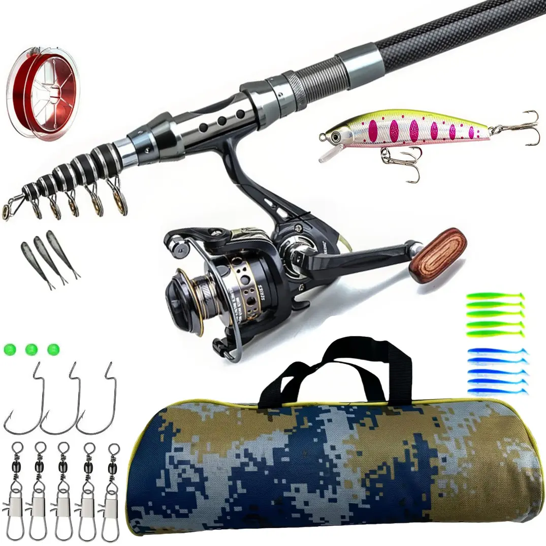 Fishing Pole Combo Set Collapsible Rods Spinning Reels Lures Set with Carrier Bag Carbon Fiber Telescopic Fishing Rods Sea Saltwater Freshwater Kit Fishing Rod Reel Combos Fishing Gifts for Men