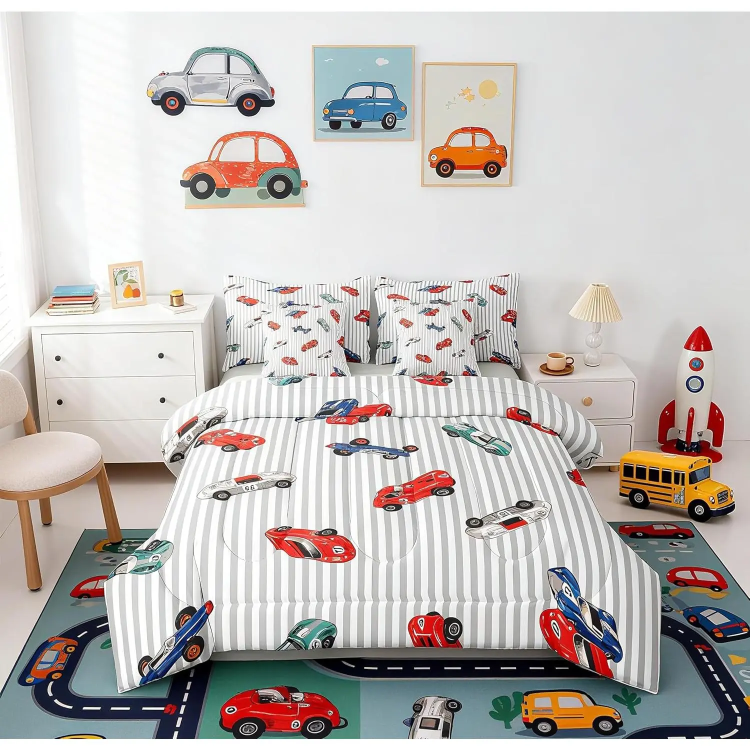 Race Car 7 Piece Bedding Set Cartoon Cute Car Comforter Set with Sheets Speed Sports Bed in a Bag Extreme Sports Bed Set Soft Lightweight