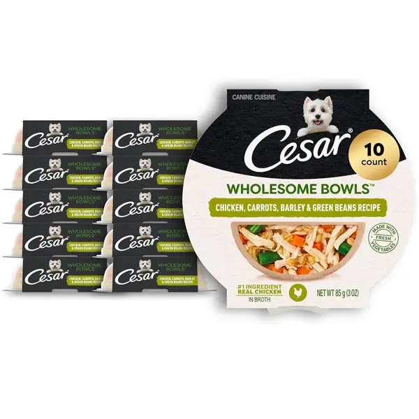 Cesar Wholesome Bowls Adult Wet Dog Food, Chicken, Carrots, Barley & Green Beans Recipe, 3 oz. (10 Count, Pack of 1)