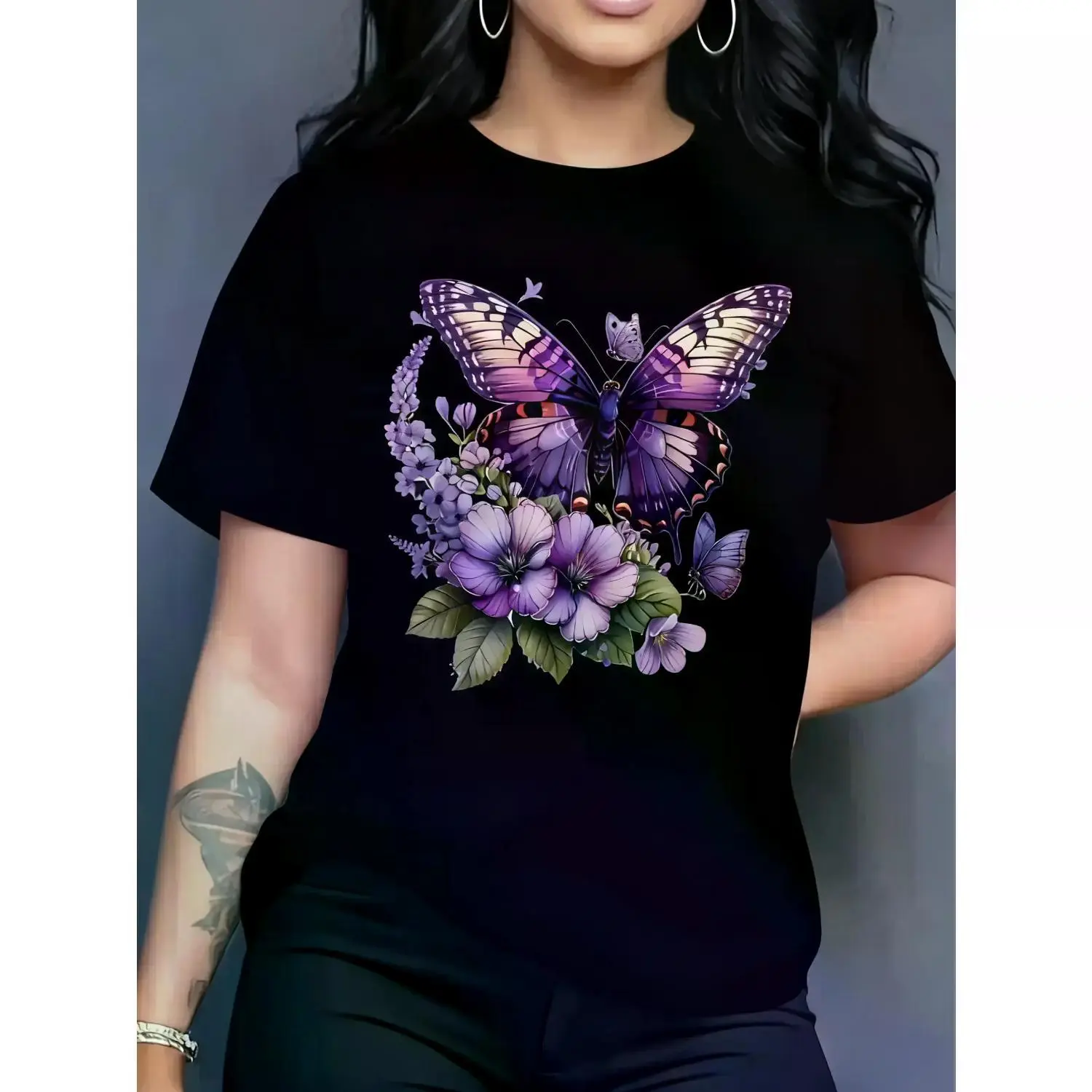 Lilac Floral Butterfly Print Women's Graphic Cotton T-Shirt - Seamless Round Neck, Classic Fit, Short Sleeve Casual Top for All-Season Wear