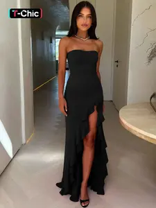 Women's Solid Color, Chic Ruffles High Split Off-Shoulder Sleeveless Bodycon Tube Dress Sexy Strapless Backless Ruched Slit Birthday Party Club Evening Gown Holiday Long Full Formal Dresses for Ladies Girls Flattering Fitted Casual Clothes Wear