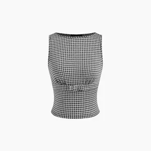 Women's Gingham Boat Neck Tank Top with Bowknot, 4 Colors, Size Range 0-26