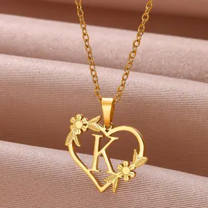 Stainless steel love flower hollow heart-shaped English letter necklace initials necklace girlfriend bestie gift