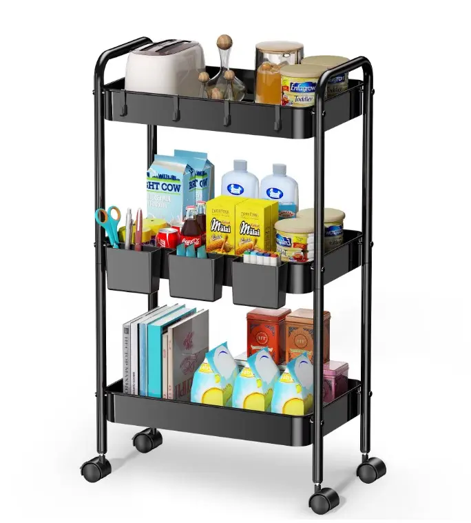 3 Tier Mesh Utility Cart, Rolling Metal Organization Cart with Handle and Lockable Wheels, 3 Hanging Cups and 4 Hooks, Mobile Trolley Cart for Kitchen, Bathroom, Office, Workshop, Black
