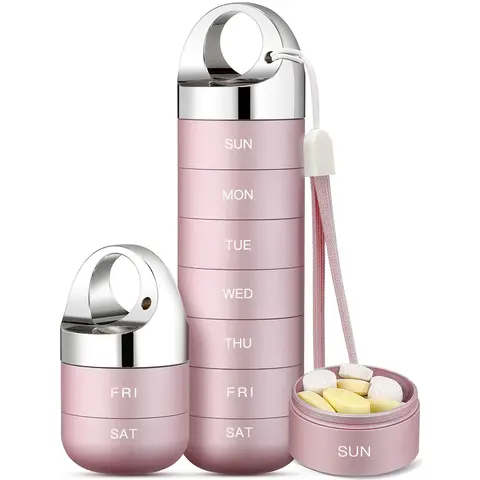 Zannaki Aluminium 7-Day Weekly Lid-Sealed Pocket Pill Organizer - Compact, Large Size, BPA-Free, Waterproof, Shockproof, Child-Resistant, Laser-Carved Metal Alloy Bin, Great for Home and Travel, Portable Vitamins/Supplements Storage