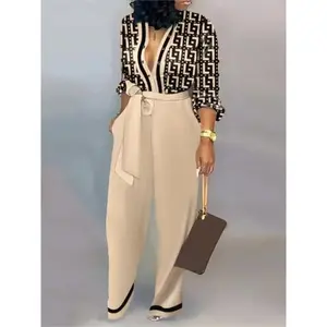 Women Fashion Letter Print Long Sleeve Jumpsuit Spring Button One Piece Overalls  Autumn Elegant Office Lady Playsuit