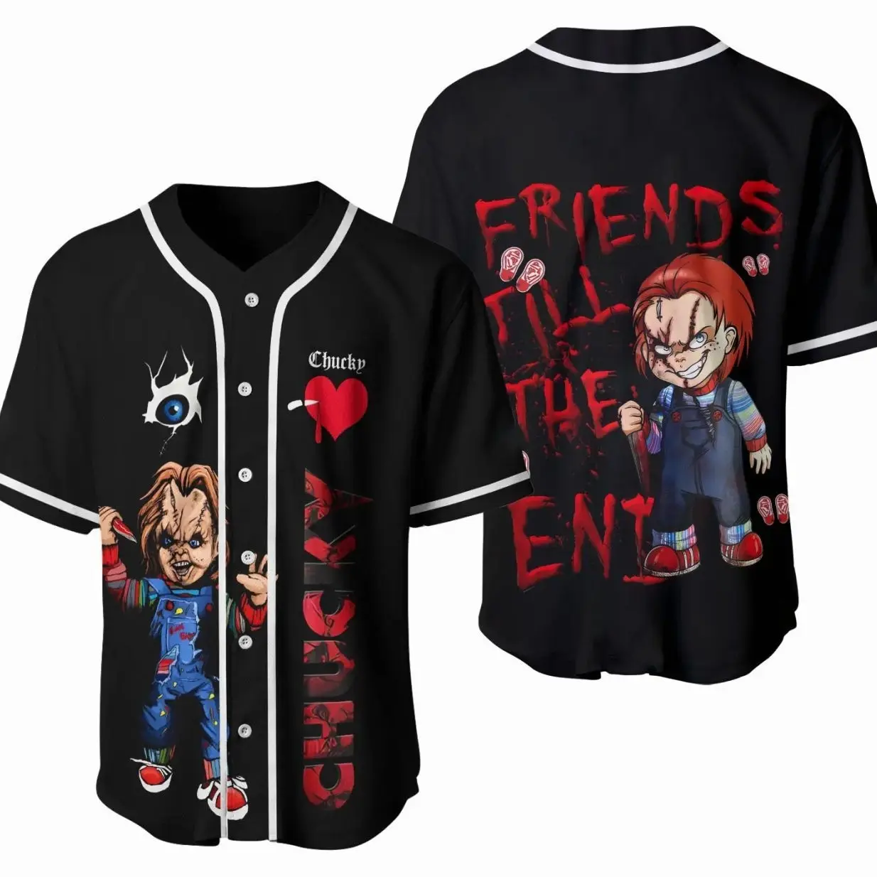 Chucky Inspired 3D Baseball Jersey – Horror Doll Graphic Button Up Shirt