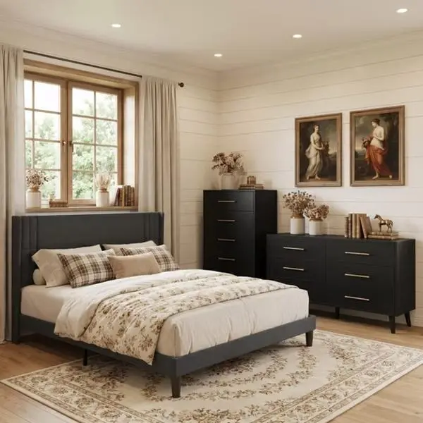 GIZOON Durable 3-Piece Matching Black Wood Bedroom Furniture Set - Queen Bed Frame, 5-Drawer Dresser, 6-Drawer Dresser with Reinforced Legs, Anti-Tip Kit, Coordinated Modern Design