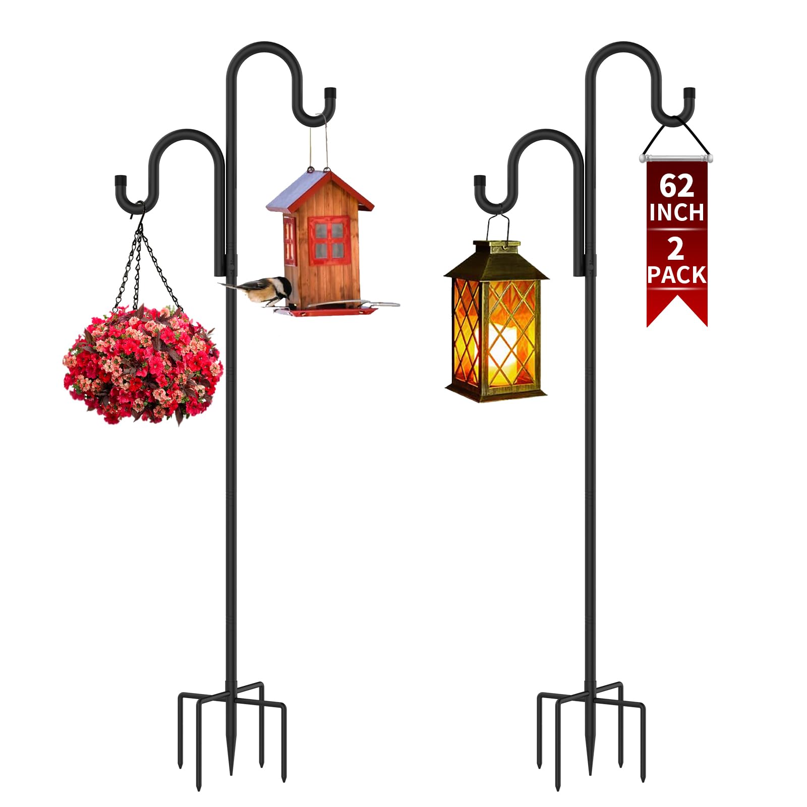 Double Shepherds Hooks for Outdoor,62 Inch/76 Inch/92 Inch, 2-Pack Heavy Duty Garden Pole for Hanging Bird Feeder, Plant Baskets, Solar Light Lanterns, Garden Plant Hanger Stands with 5 Base Prongs