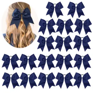 Pack of 18 Simple Bow Tie Headband,Navy Blue Large Cheer Hair Bows Ponytail Holder Elastic Band Handmade for Cheerleaders Teen Girls College Sports