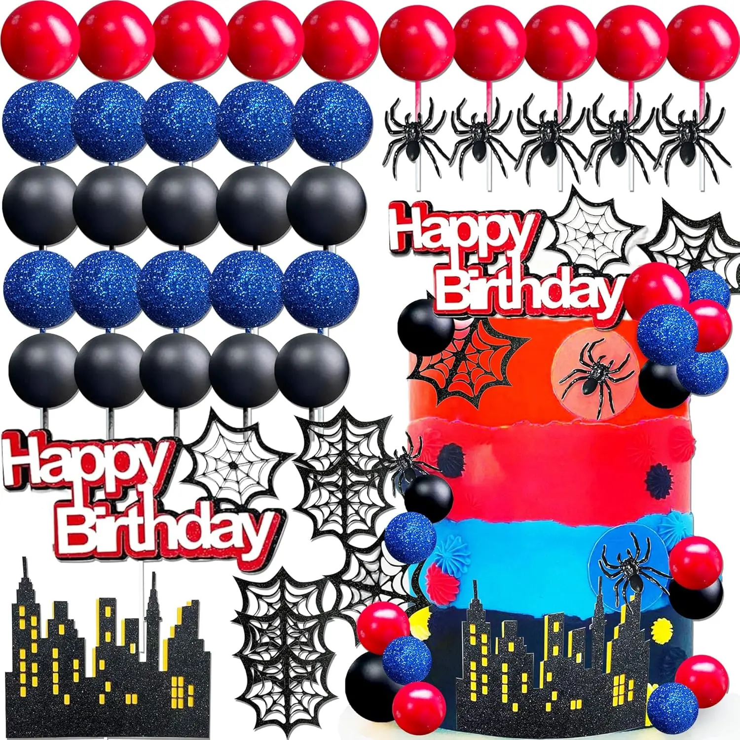 Sparkling Spider Birthday Cake Decoration Set with Cityscape Silver Spider Toppers for Superhero Party Favors Cupcake Decorations 48 pcs Complete Set