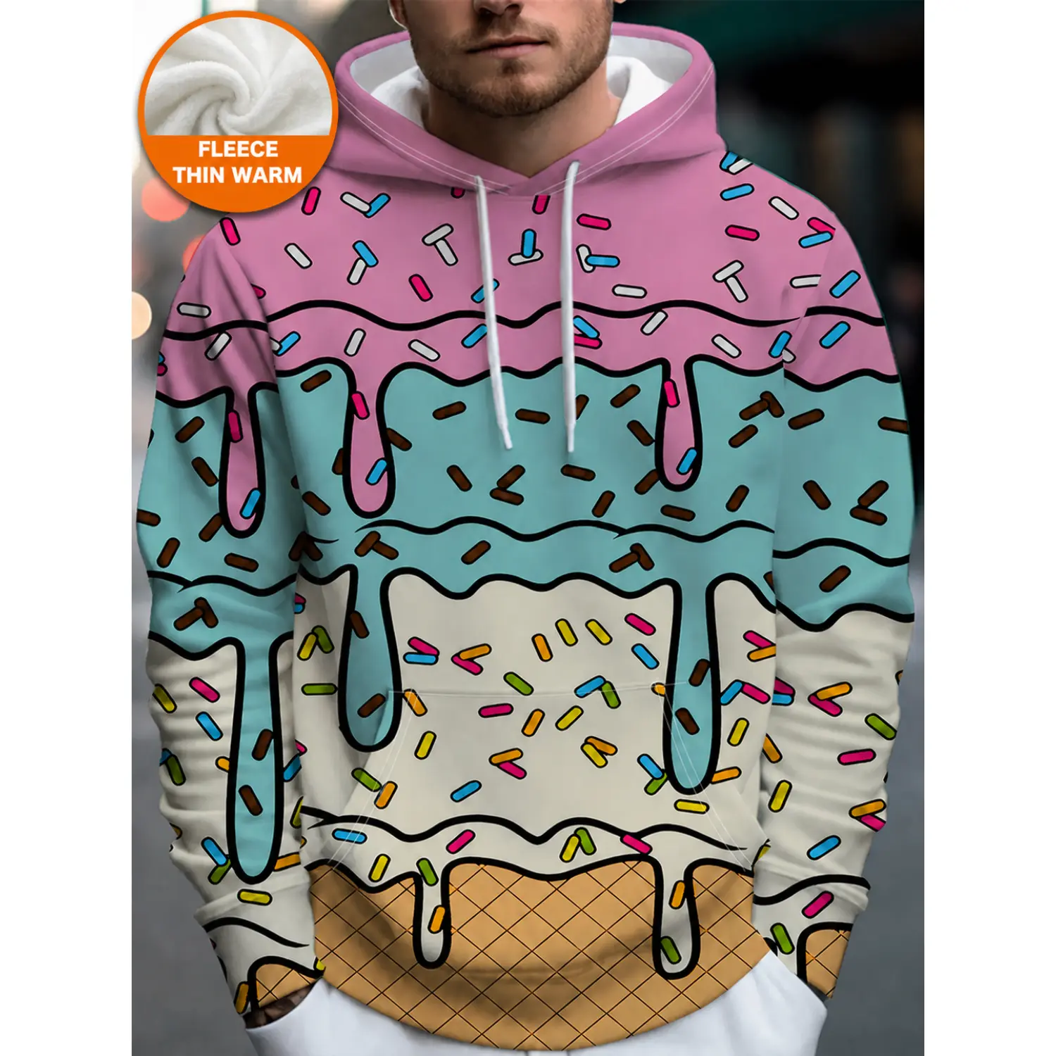 Men's Ice Cream Print Hoodie - Full Zipper Pullover with Sugar Granules & Cone Design | Pink Blue Brown Yellow Black White | Casual Party Wear Plaid Hooded Jacket for Young People, Machine Washable