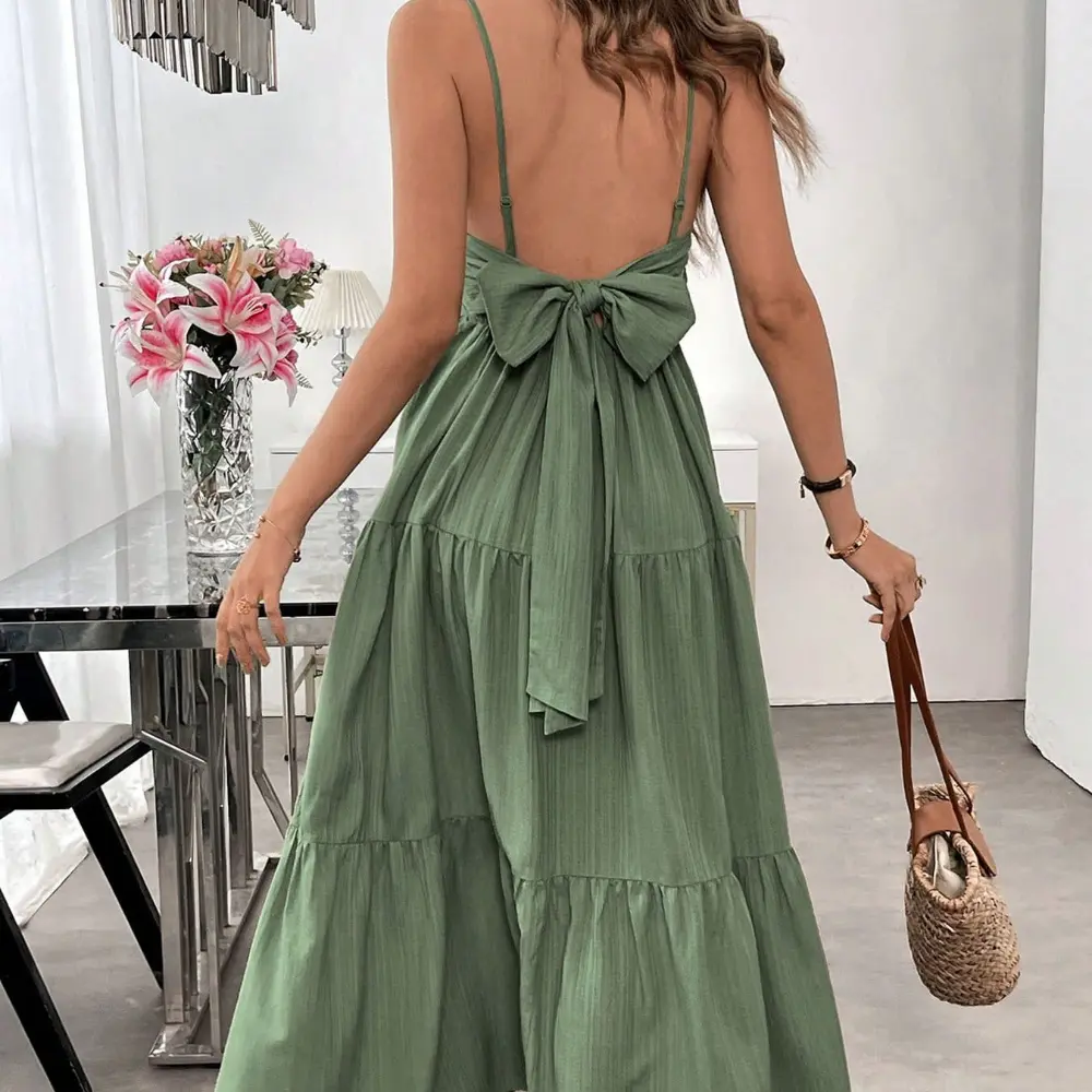 Women's summer sleeveless elegant lace up bow dress, casual beach vacation sun skirt flowing Maxidress