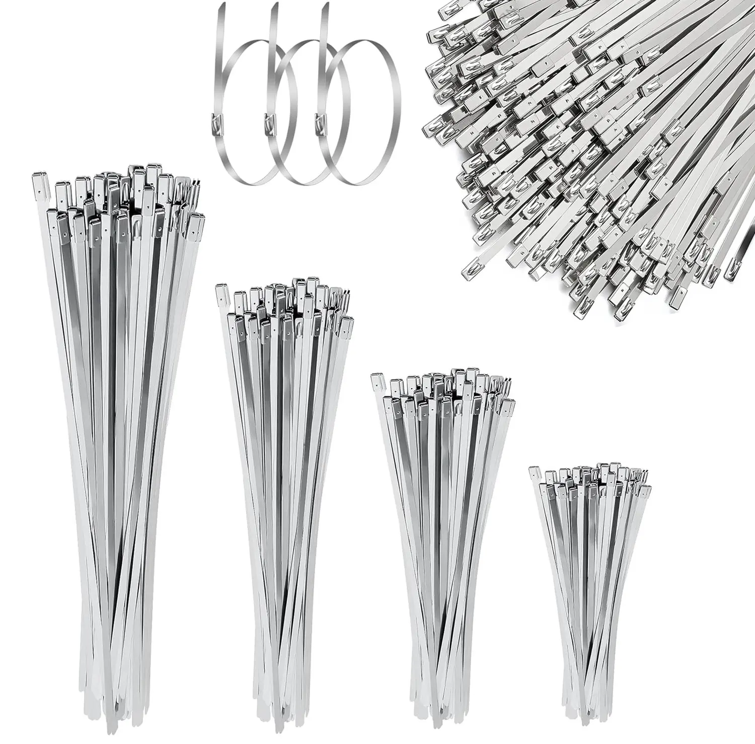 200 Pcs 304 Stainless Steel Ties, 4 Sizes (11.8in/9.8in/7.8in/6in) - 4.6mm Width, 90kg Max Load Multi-Purpose Cable Ties for Wire Harness, Automotive Parts, Compatible with 150mm Tin Snips, Durable