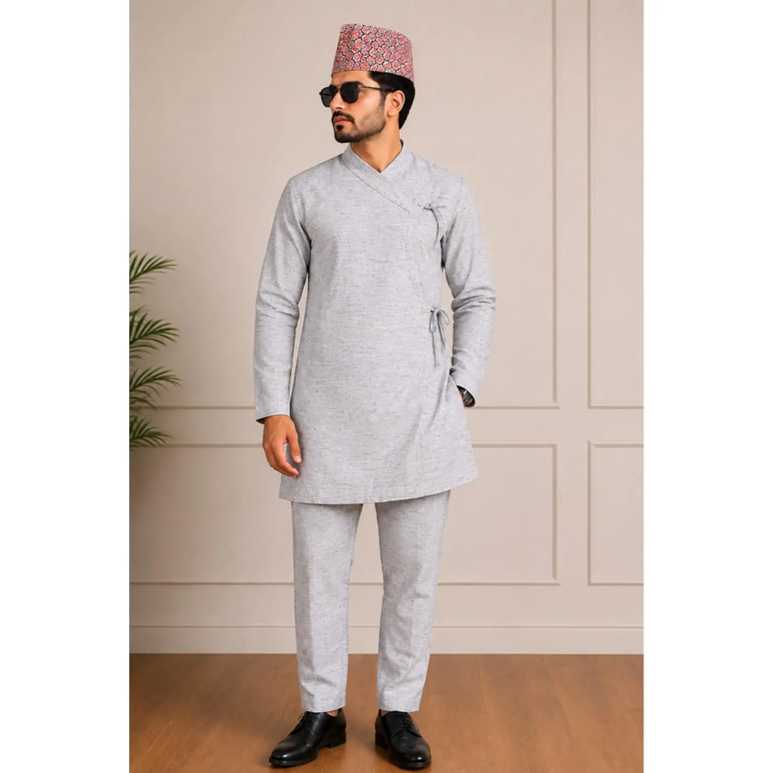 Nepali Men's Traditional Daura Suruwal Set with Dhaka Topi - MultiColor