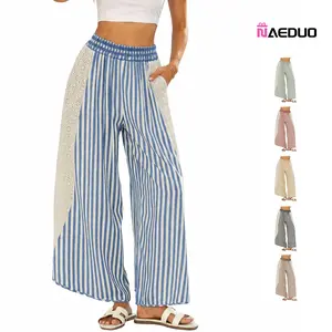 Naeduo Women's Summer Striped Wide Leg Pants, High Smocked Waist Crochet Lace Patchwork Flowy Bohemian Trousers, Casual Streetwear for Daily Beach Holiday Pants Womenswear Womenswear Bottoms