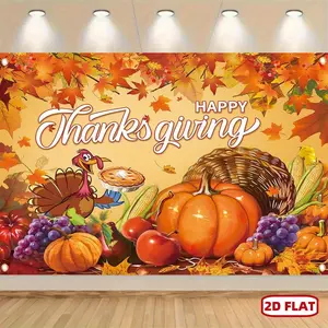 1pc 2D Flat Happy Thanksgiving Polyester Banner - Vibrant Fruit & Turkey Design for Indoor/Outdoor Parties, Family Gatherings, and Photo Booths - Durable, Easy-to-Hang Wall Decor Ornaments