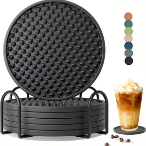 7pcs/set Include 6pcs Anti-scalding coaster With 1pcHolder, Silicone Coasters Tabletop Protection For Any Table Type, Wood, Glass, Stone Tables, Dishwasher Safe.Heat resistant coasters and bowl MATS set