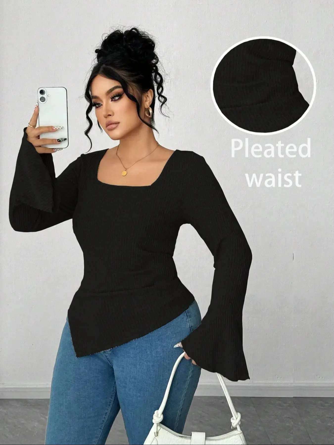 Plus Size Asymmetrical Hem Square Neck Flared Sleeve Long Sleeve Short T-Shirt, Casual Basic Fashion Top for Women, Womenswear Clothes, Comfortable and Stylish