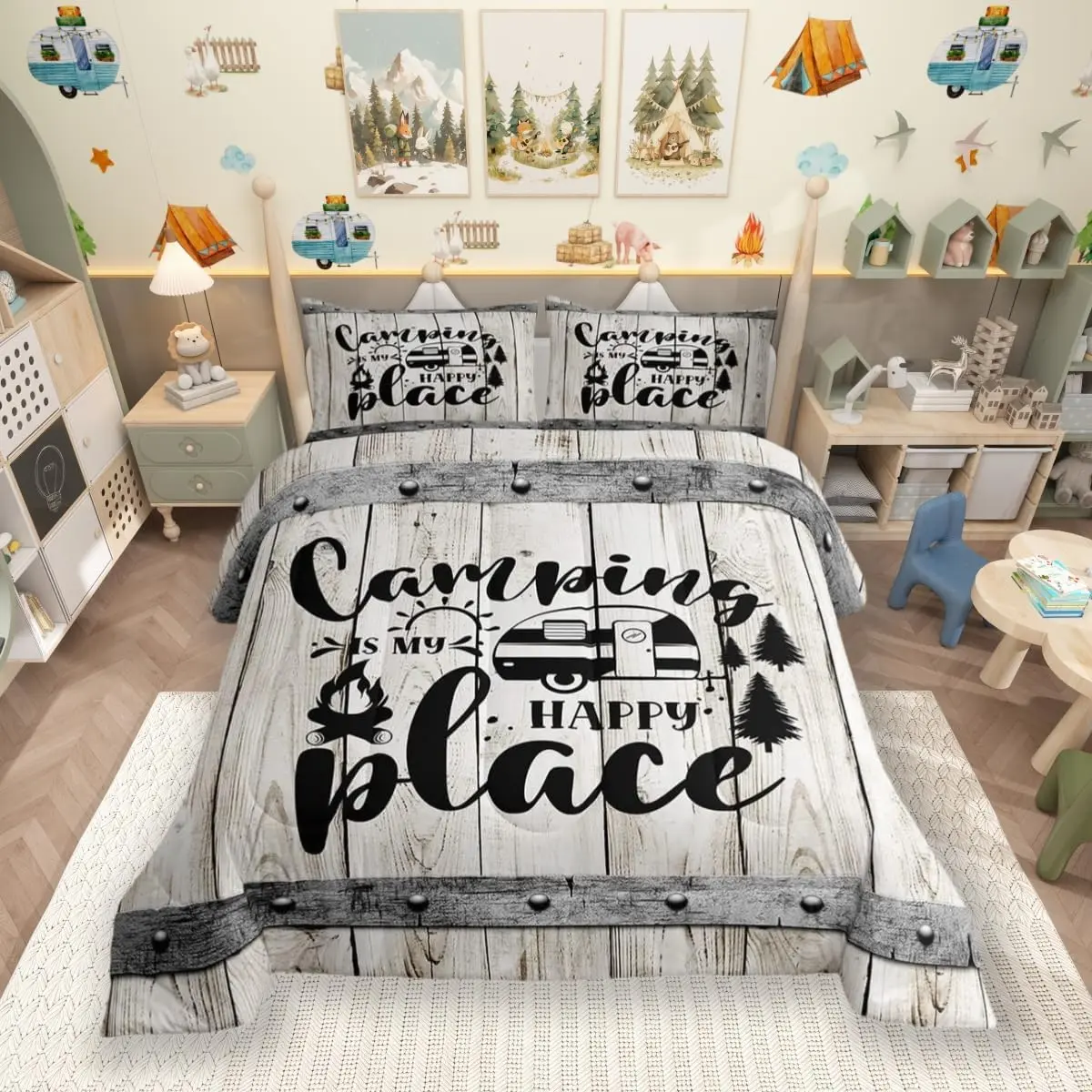 Feelyou Rustic Farmhouse Camping Duvet Set - Gentle Soft Warm Wooden Plank & Pine Tree Bedding, Twin/Full/Toddler Size, Camper RV Bedroom Decor, Kids Bedding Inspo, Gentle Soft Blanket