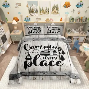 Happy Camping Comforter Set,Wooden Plank Pine Trees Rustic Farmhouse Bedding Set for Kids Boys Girls Adults,Camper RV Trailer Decor Down Comforter