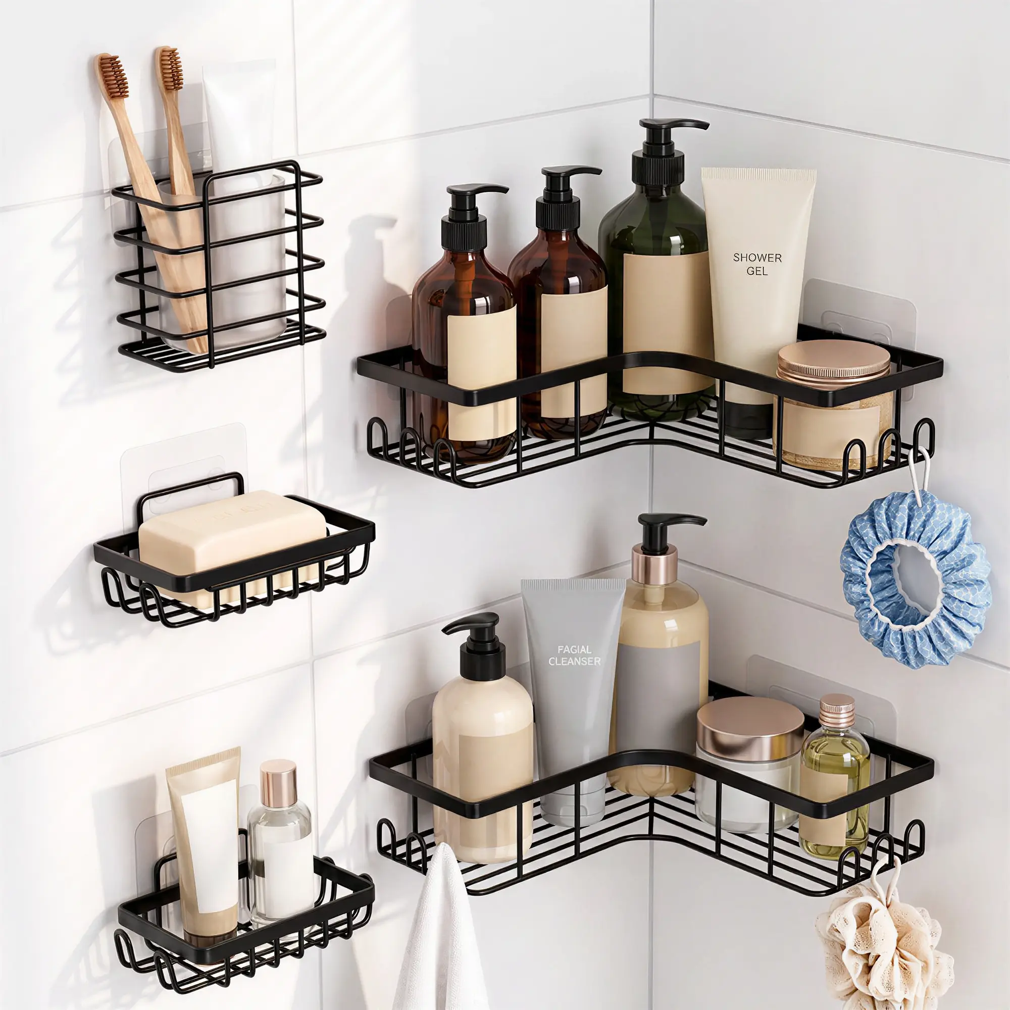 5 PCS Corner Shower Caddy,No Drilling Shower Storage Rack with Hooks&soap holder&toothbrush holder for Bathroom,Quick Assembly, Black Rack