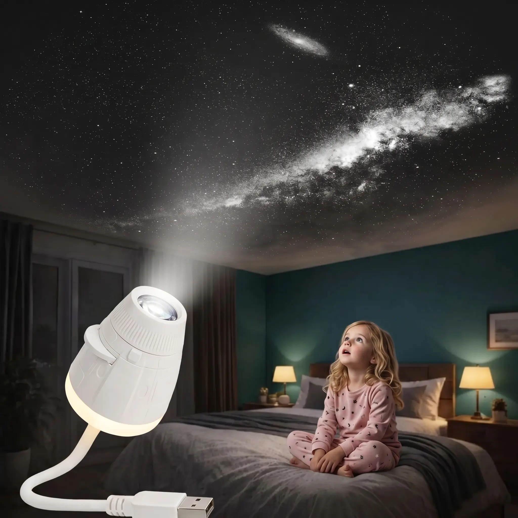 2-in-1 Galaxy Projector Night Light, USB Starry Sky Ambient Light, Star Projector for Bedroom Decor