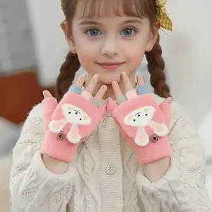 Comfortable Plush Lined Knit Polyester Half-Finger Rabbit Design Gloves for Kids, Perfect for Winter Outdoor Activities & Daily Use