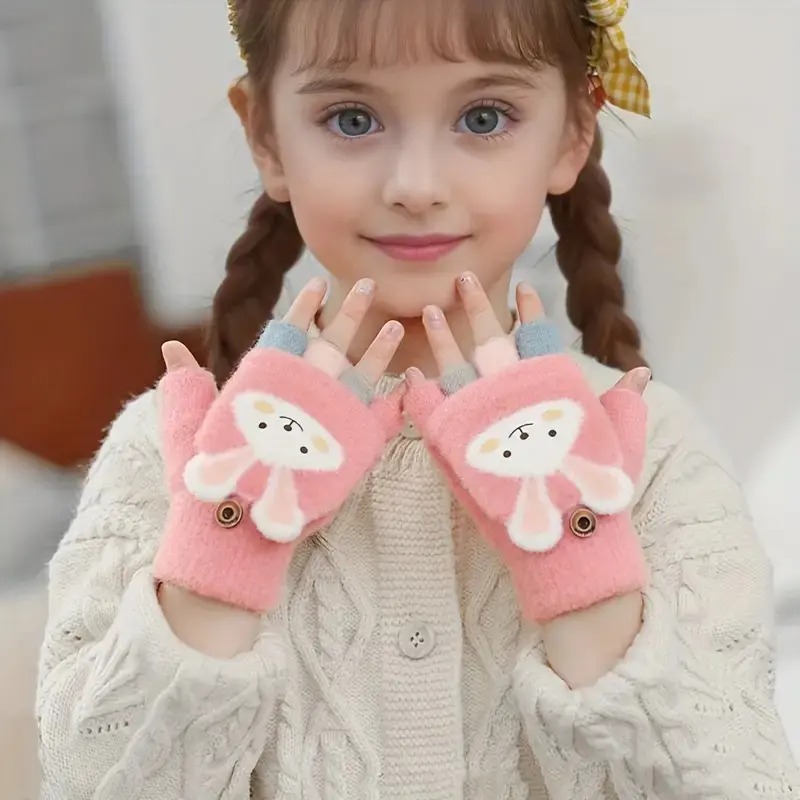 Comfortable Plush Lined Knit Polyester Half-Finger Rabbit Design Gloves for Kids, Perfect for Winter Outdoor Activities & Daily Use