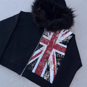 Y2K? Fur? Collar? Zipper? Sweater INS? Printed? Long? Sleeve? Sweater? Hoodie? Retro? Street? jacket