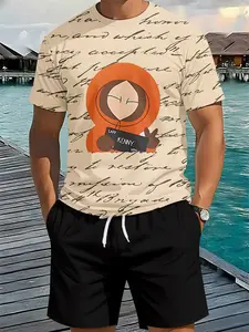 Men's Retro Manuscript Cartoon Figure Casual Printed Outfit, 3D Digital Printed 2-Piece Set, Trendy Vintage Casual Suit, Vacation-style Fashion Wear, Breathable Sporty Casual Style, Ideal Holiday Gift for Men