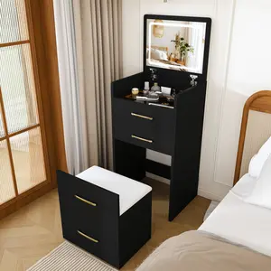 3-in-1 Vanity Desk with Flip Mirror & Glass Top, Small Makeup Table Set with 3 Drawers & Stool, Space-Saving Dressing Table for Bedroom
