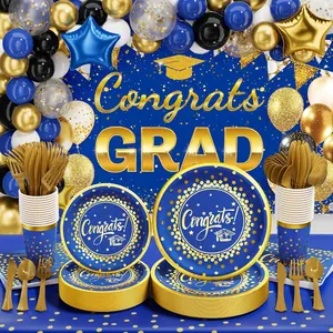 2026 Graduation Decorations - 245 count Grad Disposable Dinnerware(Serve 25) & Graduation Party Supplies With Congrats Paper Plate Cup Napkin Cutlery Tablecloth Backdrop Balloon Kit - Blue