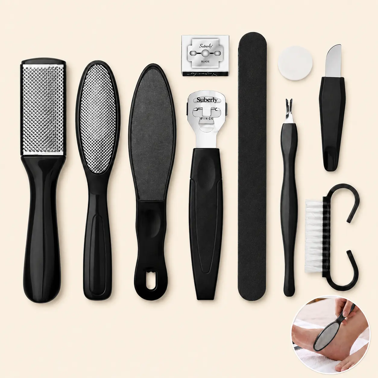 Professional Pedicure Foot Spa Set, 10-in-1 Foot Care Kit for Dry Cracked Feet, Stainless Steel Foot Rasp Dead Skin Remover, Foot File Callus Remover Kit, Nail Brush Cuticle Trimmer Pedicure Tools for Women and Men, Black